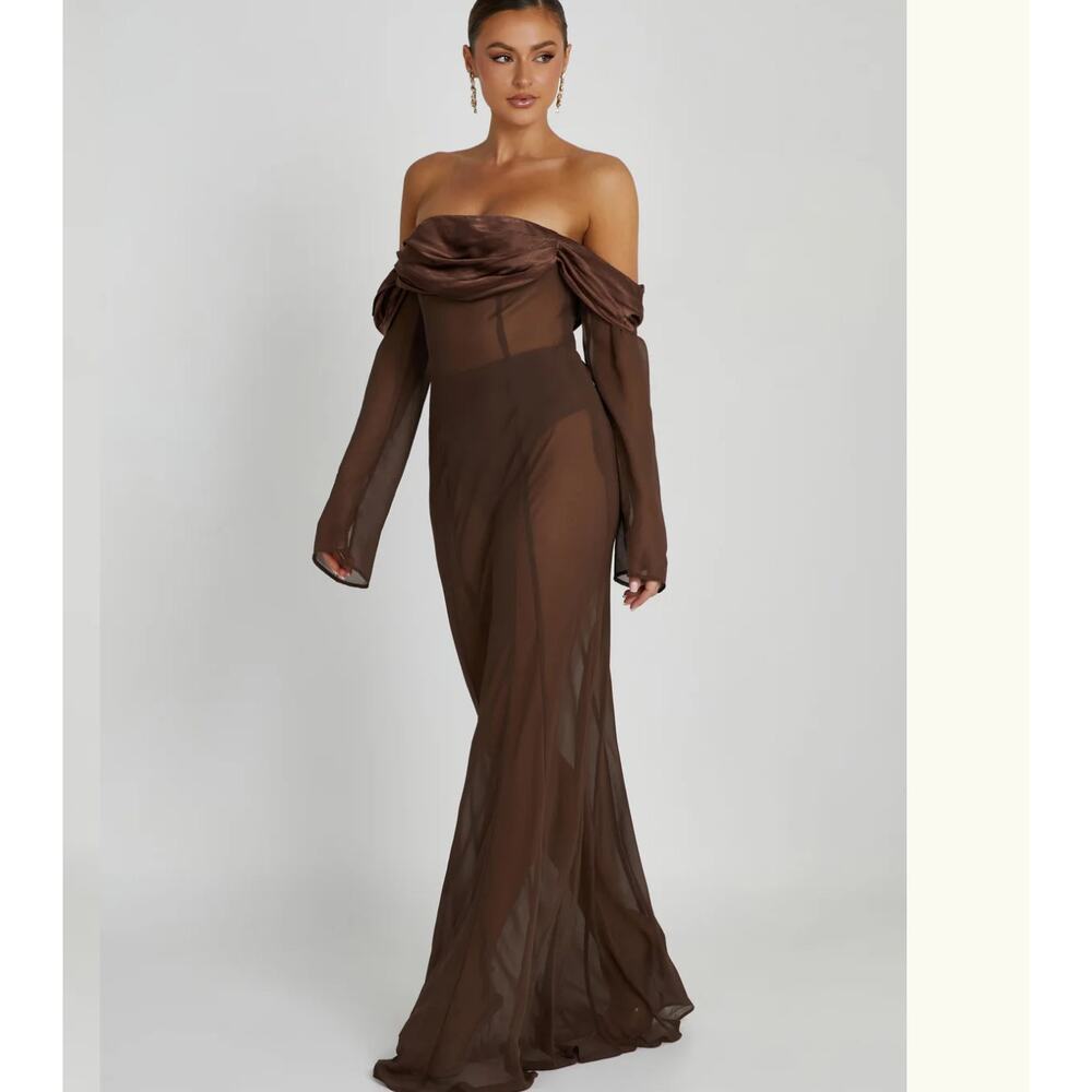 NWT Meshki Brown SHEER Satin Trim Off the Shoulder Long Sleeve Maxi Dress